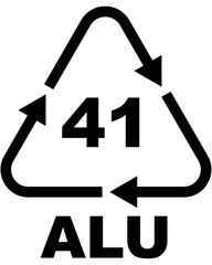 Recycling code icon, black triangle symbol with arrows surrounding with the number 41 and the letters ALU below.