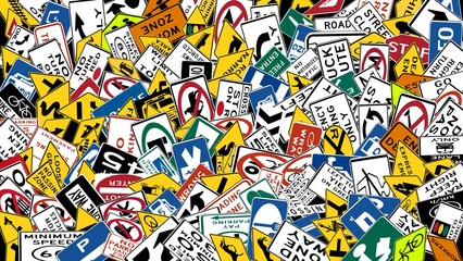 hundreds of many road signs with the standard of the United Stat