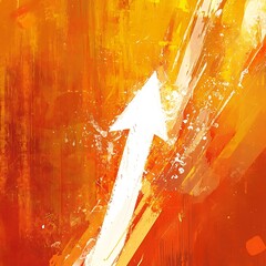 Abstract artwork featuring an upward pointing white arrow against a vibrant orange background.