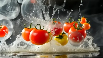 Fresh tomatoes splashing into water with bubbles and steam, creating a vibrant food scene - Powered by Adobe
