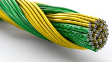 Close-up twisted electrical cables with green and yellow insulated wires