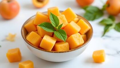 a high resolution, photorealistic bowl of apricot cubes isolated on a clean white background