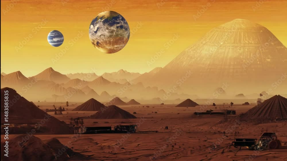 Poster retro-futuristic alien landscape featuring a distant planet and moons above a barren terrain with ro