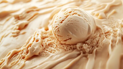 A single scoop of cream ice cream with mixtures of dulce de leche mixed and creamy. The texture is creamy and smooth, with warm, soft lighting that highlights the richness of the .