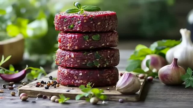 Freshly prepared plant-based burger patties stacked on a wooden board with herbs and garlic