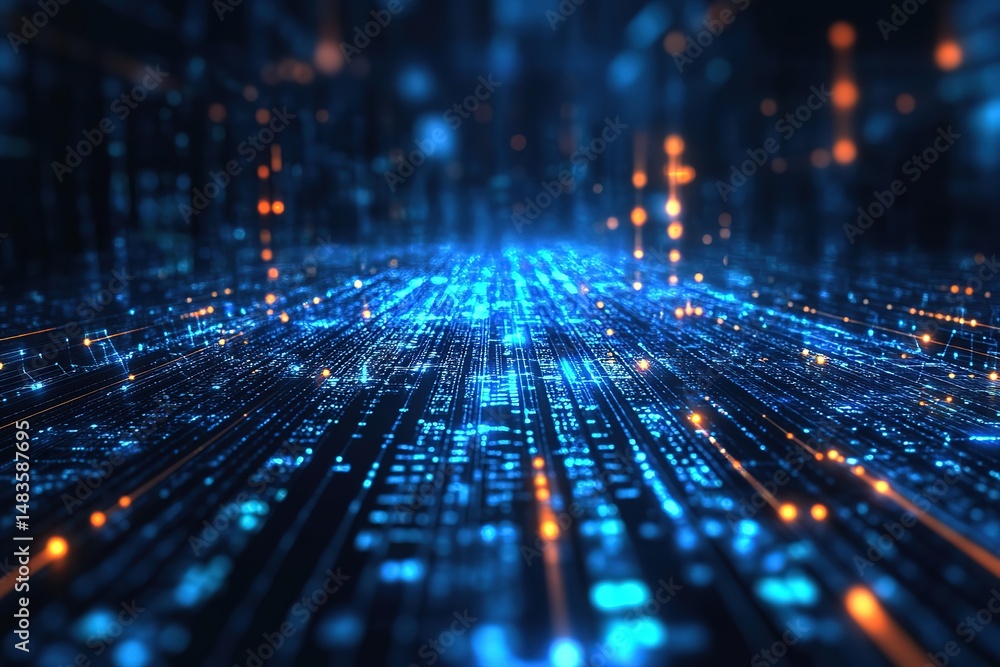 Poster abstract digital network with blue and orange lights creating a futuristic technology background