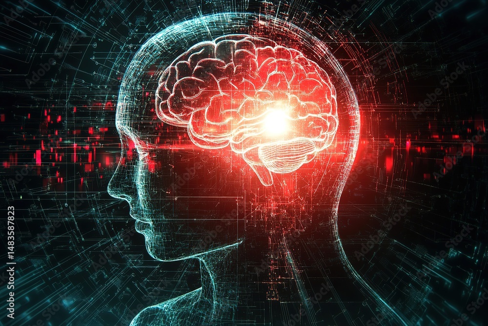 Poster digital representation of a human head with a glowing brain on a dark abstract background
