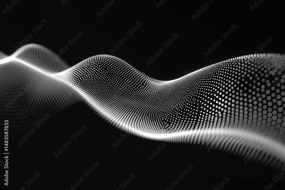 Poster abstract wave pattern formed by white dots on a dark background shows digital technology