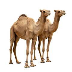 Two camels isolated on white background, standing side by side. use cases: travel, desert, animal themes.