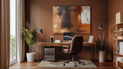 Fototapeta premium Cozy Home Office Design with Wooden Desk and Leather Chair
