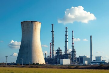 Fototapeta premium Large industrial refinery cooling tower against a blue sky , structure, plant, metal
