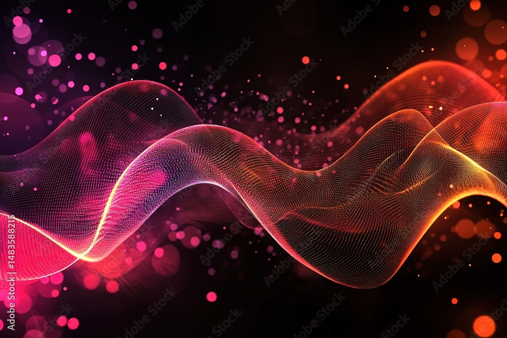 Poster abstract wavy pattern of glowing particles in red and orange against a dark backdrop