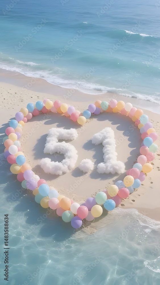 Poster 海岸沿いの砂浜にハート型のパステルバルーンと雲の数字 夏のリゾート風景 海岸の休日