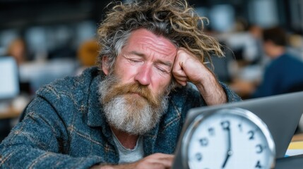 Man with messy hair and beard showing signs of exhaustion while working in a busy office environment during the day