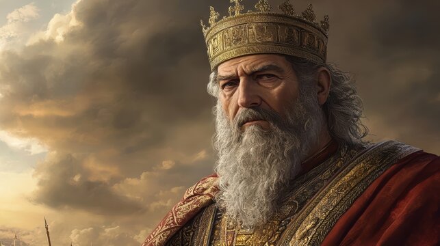 King David of Israel, clothed in royal robes, gazes with wisdom and strength. Set against a backdrop of ancient Jerusalem, harp in hand&mdash;a shepherd, warrior, and man after God&rsquo;s own heart.

