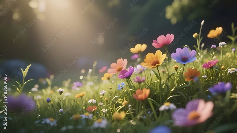 Poster 多様な色彩の花が咲き誇る草地 太陽の光が降り注ぐ風景 庭園の美しさ 草の緑と花々のカラフルな色合い パステル調の背景と穏やかな雰囲気