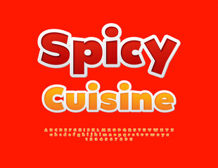 Vector Gourmet flyer Spicy Cuisine for Cafe and Restaurant. Orange Sticker Font. Bright Alphabet Letters and Numbers set.