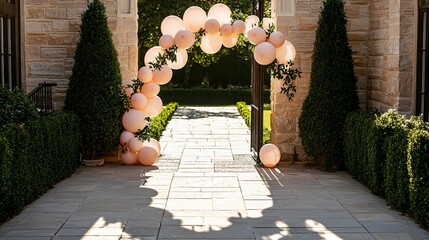 Obraz premium Balloon arch in soft gradient pinks draped elegantly at an outdoor garden entrance, gentle sunlight filtering through translucent balloons, shadows falling on pale stone tiles, surrounded by