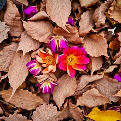 Vibrant flowers nestled among dry fallen leaves