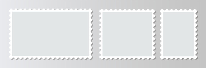 Empty postal shapes border set included. Post stamp is shown alongside blank frames of postage stamps, with a collection of paper postmarks suitable for mailing letters. Vector illustration