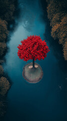 Solitary red Tree in a river Circle Aerial View 