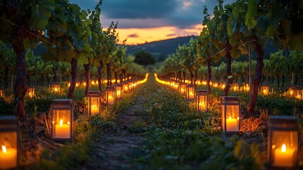 Serene vineyard rows illuminated by lanterns at sunset