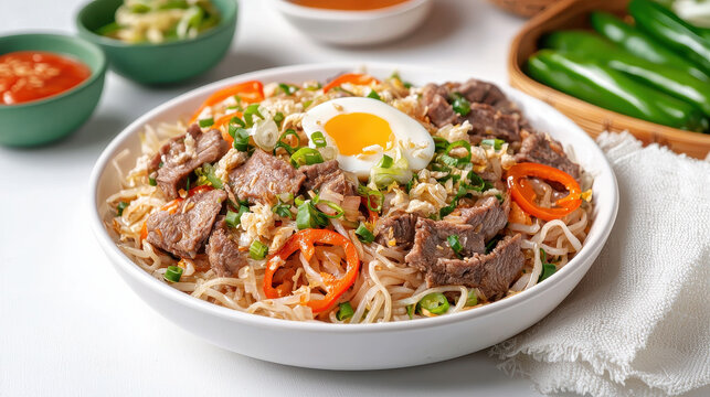 Delicious Filipino pancit with beef, egg, and vegetables, garnished with green onions and chili peppers, perfect for sharing