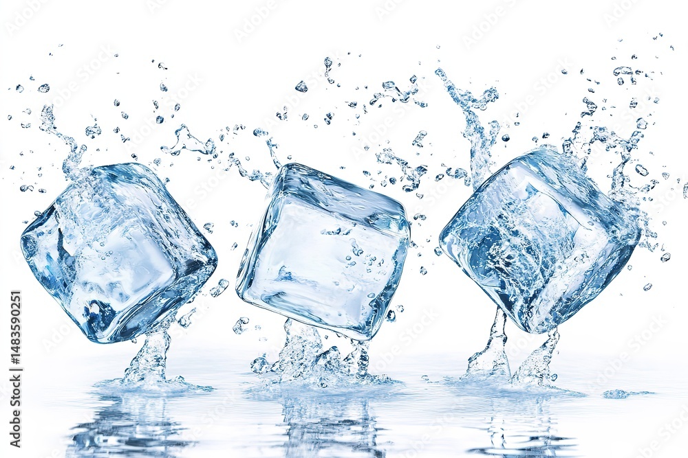 Poster three ice cubes splashing into water on a white background creating a refreshing and cool effect