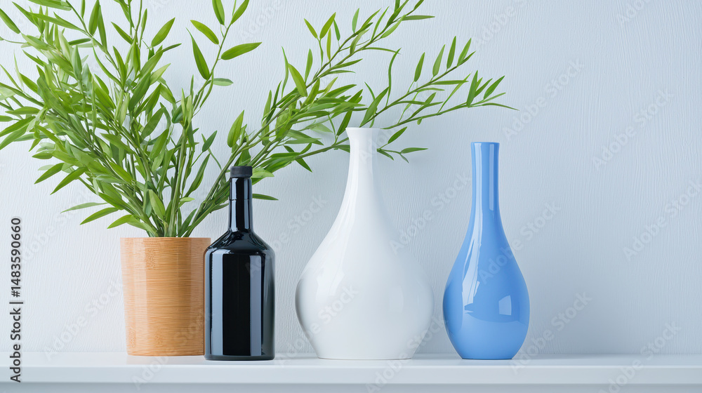 Poster minimalist image featuring decorative vases and greenery on shelf, creating serene and stylish atmos