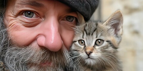 homeless man with kitten