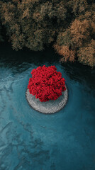 Solitary red Tree in a river Circle Aerial View 