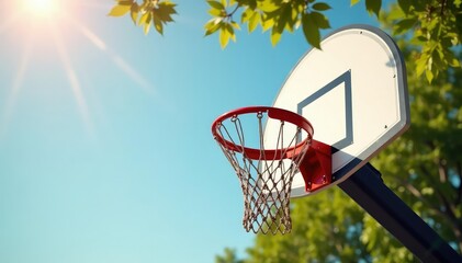 Naklejka premium Outdoor basketball hoop on sunny day, leaves in background, bright, landscape, fresh