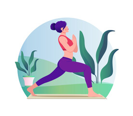 Woman doing yoga vector flat illustration on nature background
