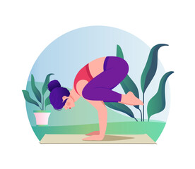 Woman doing yoga vector flat illustration on nature background