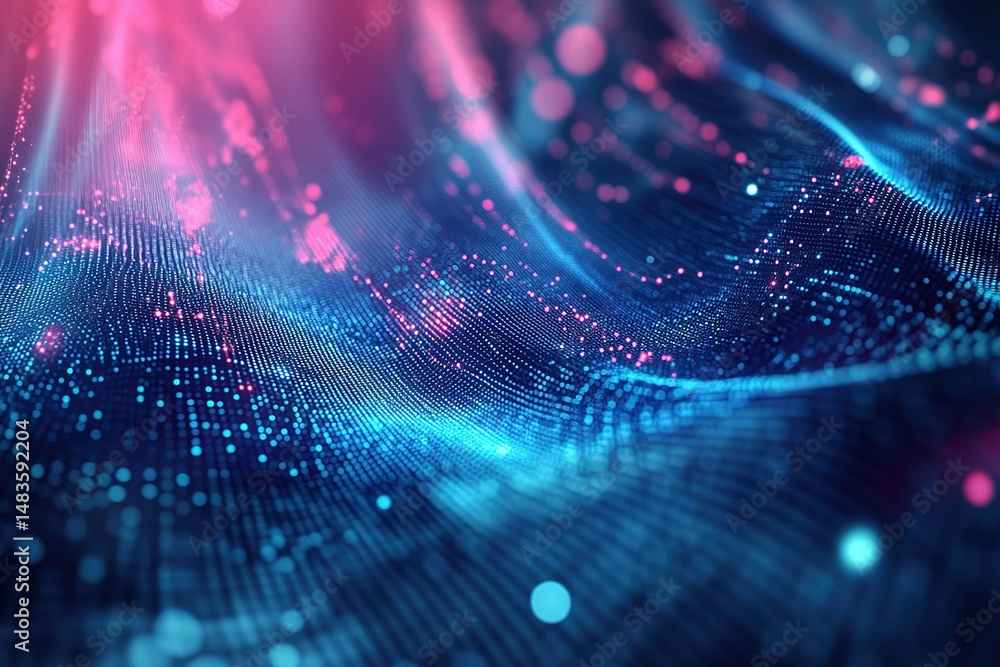 Poster abstract digital wave pattern with glowing dots in blue and pink on a dark background