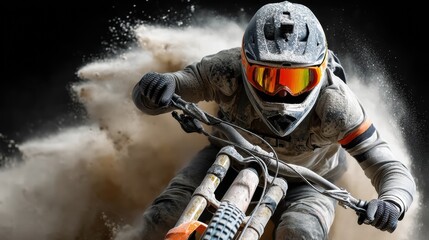 Biker races through dirt clouds in intense motocross competition at a rugged outdoor track