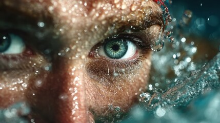 Close-up of a swimmer's intense gaze beneath water during training in a pool at sunset