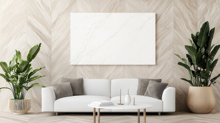Modern living room featuring white sofa, decorative cushions, and round coffee table. walls are adorned with marble like design, complemented by