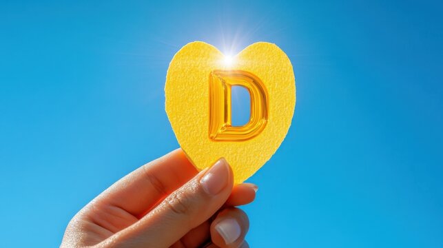 Hand holds piece of paper with Vitamin D against sunny blue sky with copy space, Healthcare, healthy lifestyle concept.