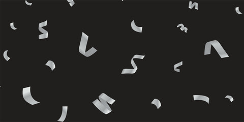 Elegant Silver Foil Confetti and Swirling Streamers Over Black Background for Glamorous Events. High-Quality Silver Glitter and Ribbon Effects in Transparent Format for Invitations and Events.