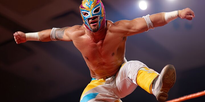  lucha libre wrestler jumping off top rope