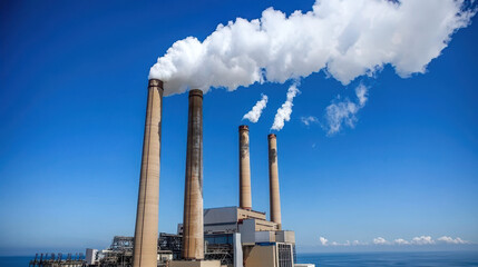 Industrial power plant with smoke stacks emitting white clouds against clear blue sky, showcasing energy production and environmental impact