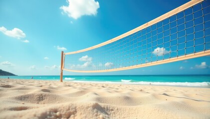 Sun-drenched sand, net, volleyball  Bright blue sky ,  outdoor,  travel,  coast