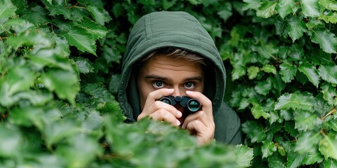man hiding in bushes using binoculars