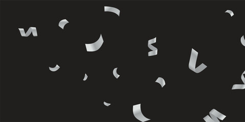 High-Resolution Silver Celebration Elements Cascading Over a Black Background. Elegant silver confetti and streamers fall gracefully in a seamless,