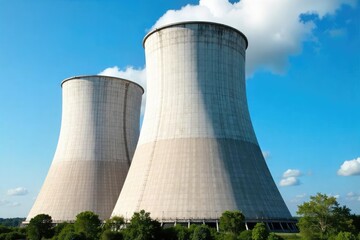 Giant industrial cooling towers against a blue sky Heat dissipation, power plant, energy generation, infrastructure , power plant, clouds