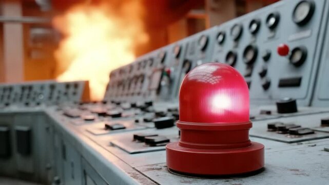 Red alert siren flashing on control panel as intense fire rages in background, symbolizing disaster, danger, and system failure.