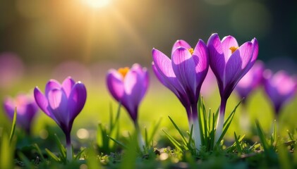 Vibrant purple crocus flowers blooming in spring meadow , beautiful, green