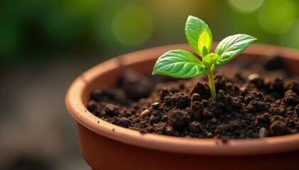 Close-up of rich, dark potting soil in a terracotta pot, ready for planting , gardening, autumn