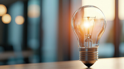 Glowing light bulb symbolizes innovation and creativity, casting warm glow in modern setting